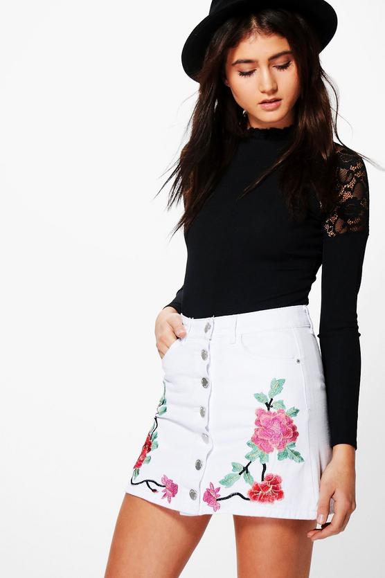 Beth Embroidered Button Through Denim Skirt